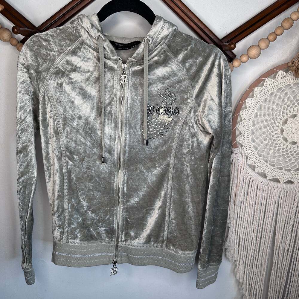 Vintage Y2K BCBGMaxAzria Gray Velour Rhinestone Zip Hoodie
